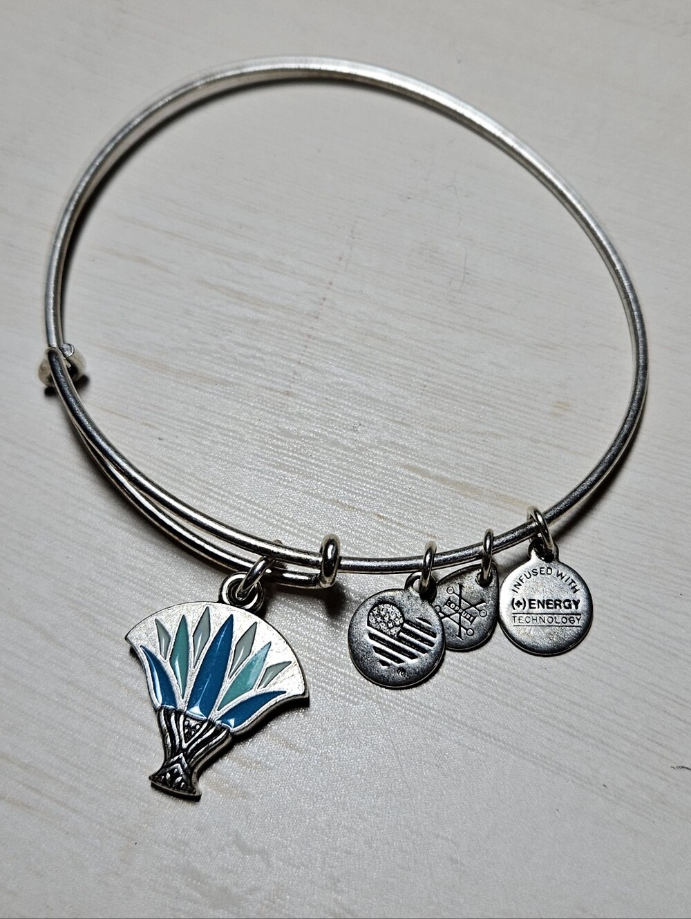 Alex and Ani Blue Lotus Charm Bangle Bracelet • Rafaelian Silver Finish